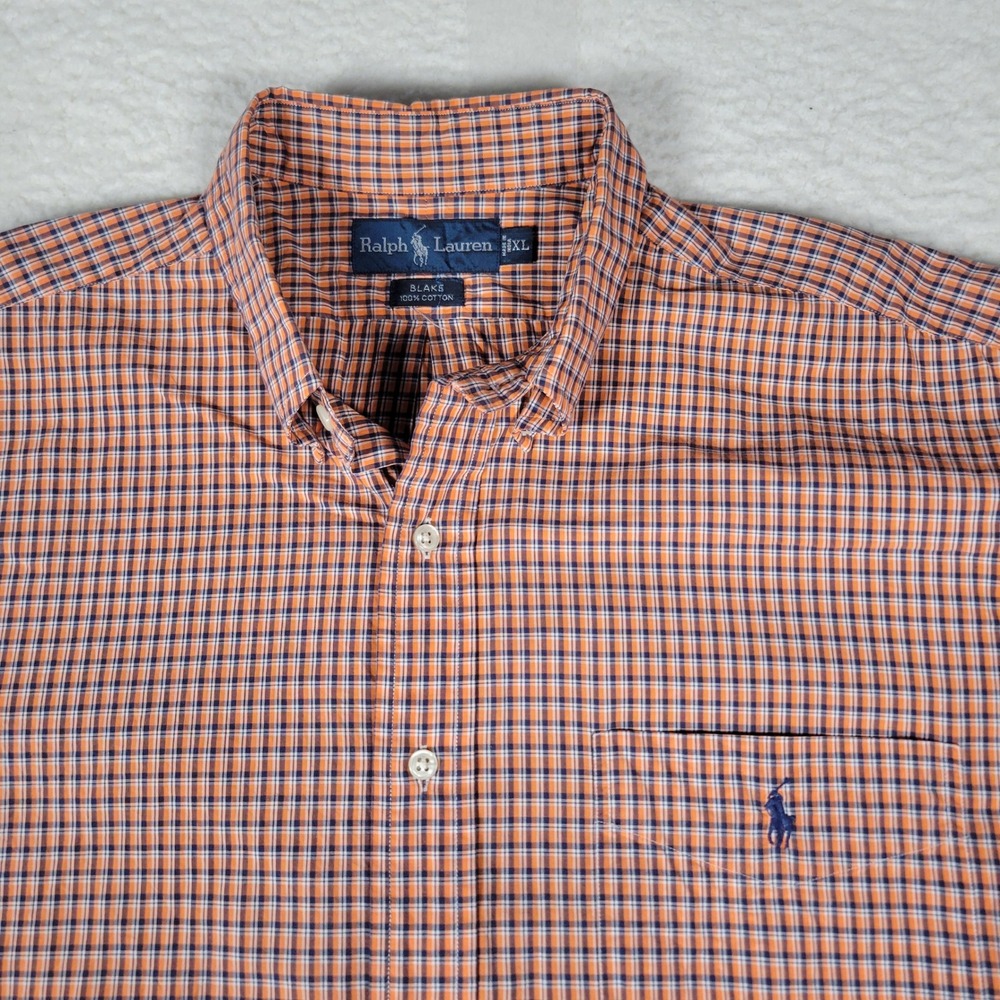 Polo Ralph Lauren Blake Shirt Mens XL Orange Navy Blue Plaid Short Sleeve Cotton